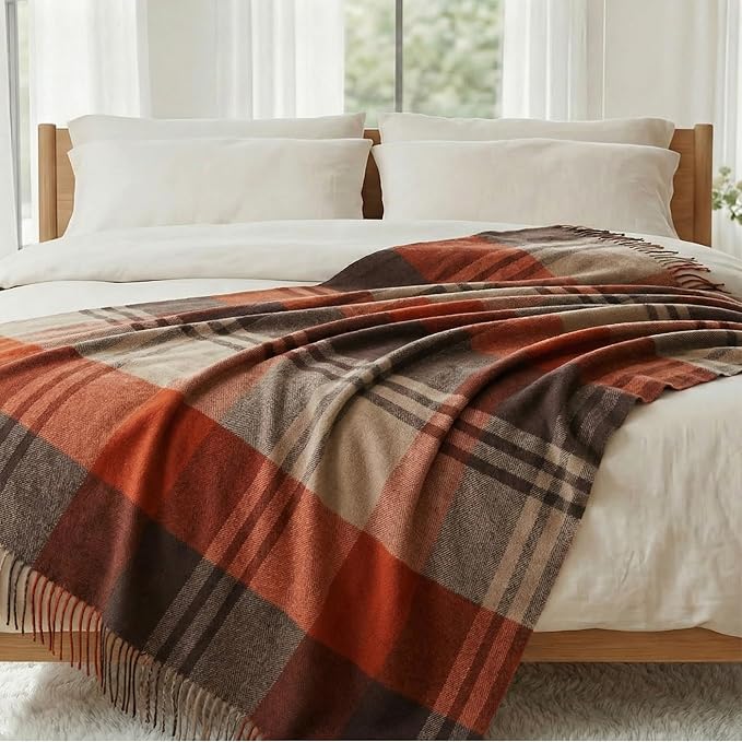 Soft Pure Wool Throw Blanket, Lightweight Warmth, 55"x83", Plaid, Fringe, Compact with Bag, Useful Gift for Women Men, All Season Decorative Cozy Travel Blanket for Couch Bed, Outdoors