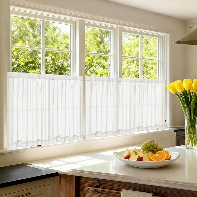 Off White Semi Sheer Linen Kitchen Curtains 24 Inch Length 2 Panels | Ivory, Cafe Short Drapes, for Bathroom RV, Half Window Treatments, Aesthetic Farmhouse, Light Filtering, 50x24 Inches