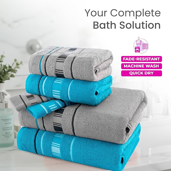 CASA COPENHAGEN X Line 6Pcs 100% Egyptian Cotton Large Designer Towels Gift Set- Silver Grey - Teal, 600 GSM, 2Bath 2Hand 2Washcloths, Bath Towels for Bathroom (Gift Set for Women & Men)