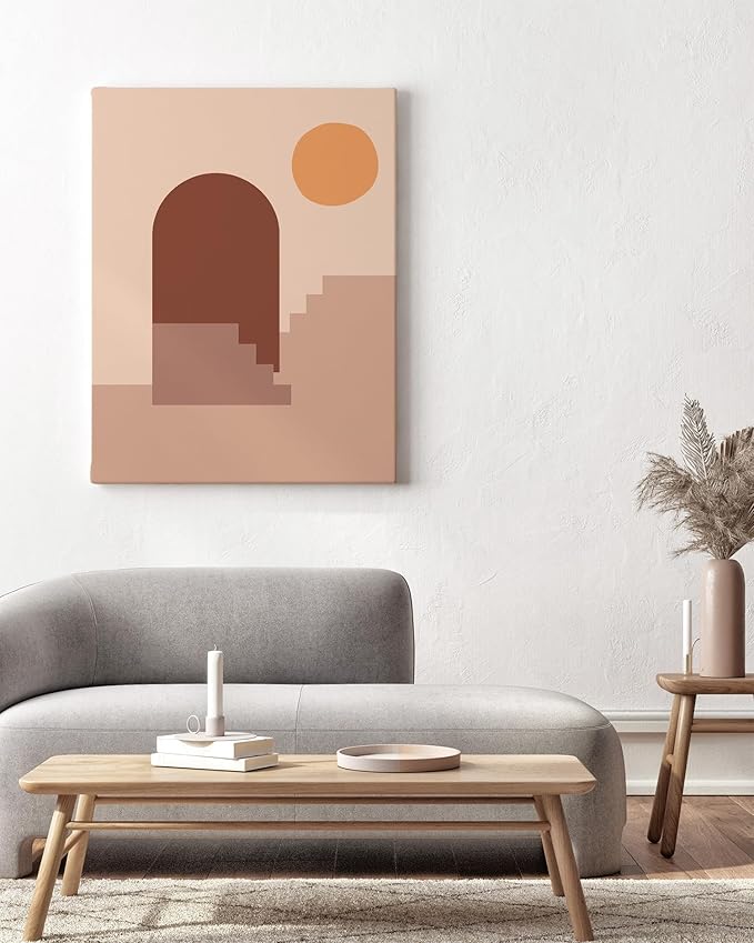 Abstract Architecture Wrapped Canvas Wall Art Archway Stairs Sun Geometric Earth Tones Terracotta 24x36 Inch Gallery Stretched Mid Century Modern Home Art