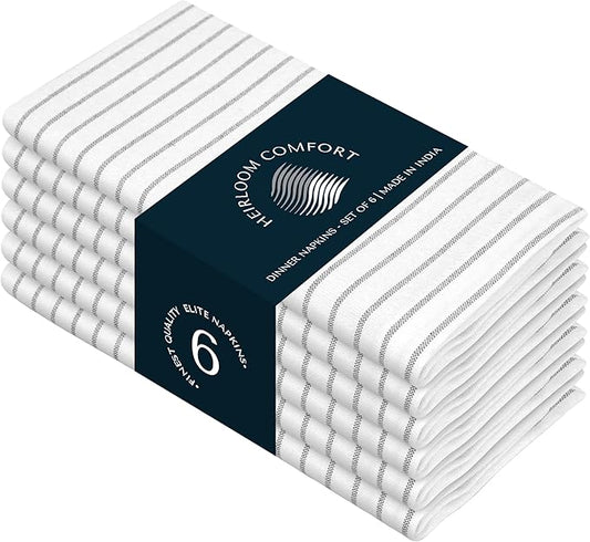 Ash Grey Stripe Dinner Napkins Set of 6, 18x18 Inch, 100% Cotton, Reusable and Washable Fabric, Soft, Classic Striped Table Linen Napkin for Everyday Dining, Luncheon, Formal Events
