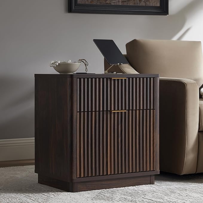 T4TREAM 23'' Fluted Nightstand Set of 2 with Charging Station, Large 2 Drawer Side Table, Modern End Table with Storage, Mid Century Bedside Table for Bedroom, Living Room, Curved Profile, Dark Walnut