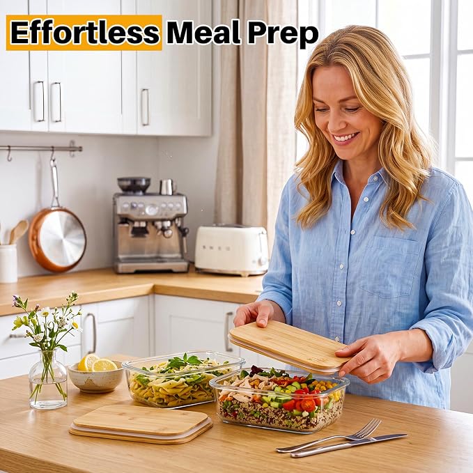 Blushtier 2 Pack 51 oz Borosilicate Glass Food Containers with Bamboo Lids, Stackable Glass Bowls for Meal Prep & Lunch, Microwave, Freezer and Dishwasher Safe