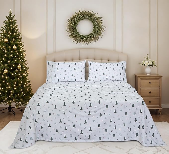 RUVANTI Flannel Sheets Full Size - 100% Cotton Double Brushed Bed Sheets Set, Deep Pockets 16 Inches, All Seasons Breathable & Extra Soft Full Sheets, Warm & Cozy, 4 Piece, Berry & Pine