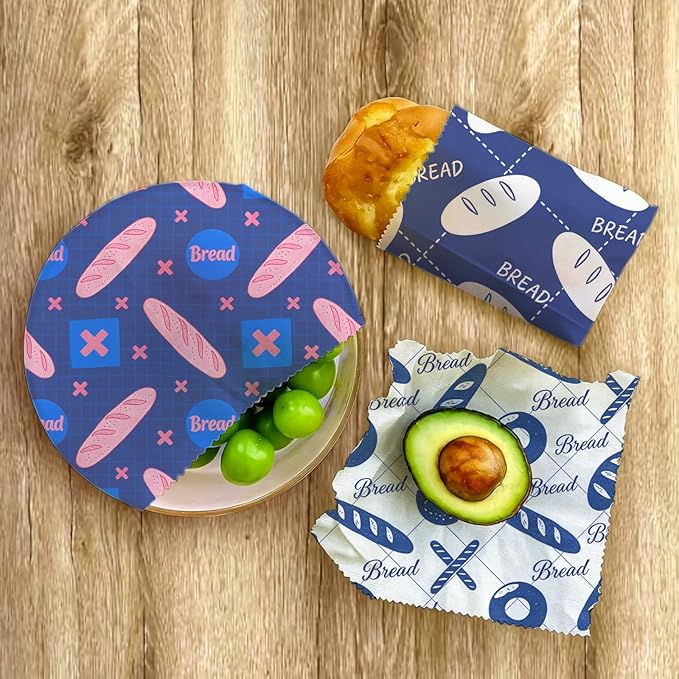 Reusable Beeswax Wraps, 9 Pack Eco-Friendly Food Covers, Organic, Sustainable, Zero Waste, Plastic-Free, For Sandwich, Snack, Bowl, 1XL, 3M, 5S, Assorted Blue & White Bread Bakery Pattern