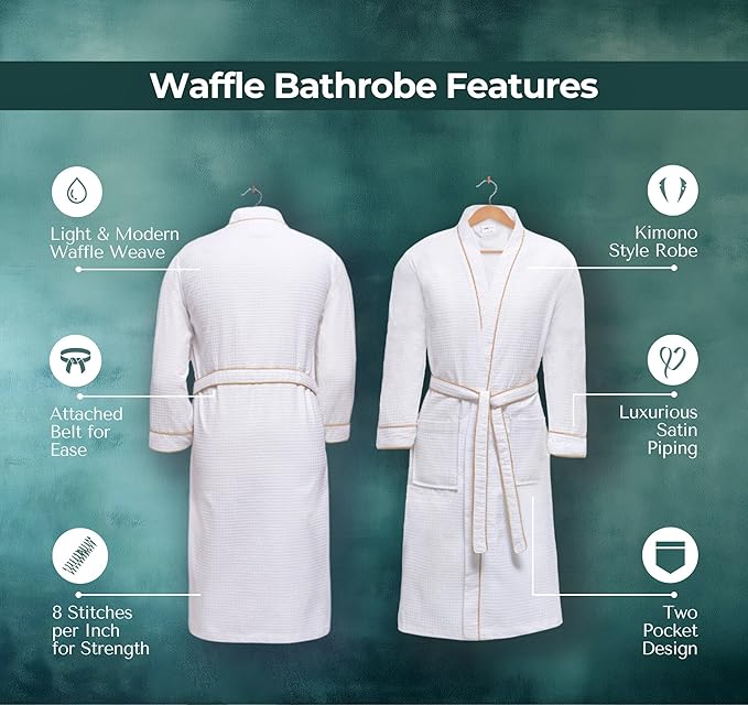 Looperry Unisex White Waffle Bathrobe (1 Piece) Luxurious & Lightweight Shower Robe in Organic Cotton Poly Blend