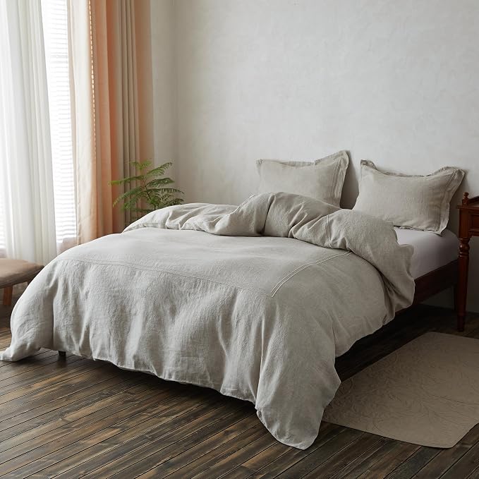 Simple&Opulence 100% Washed Linen Duvet Cover Set 78"x86" - 3 Pieces Soft Farmhouse Comforter Set Double Embroidered with Button Closure - 1 Duvet Cover and 2 Pillowshams (Linen, Full)