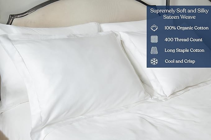 GOTS Certified 100% Organic Cotton Sheets, 400TC Long Staple Cotton, Ultra Soft Silky, Moisture-Wicking, Smooth & Breathable, with Elasticized Deep Pocket