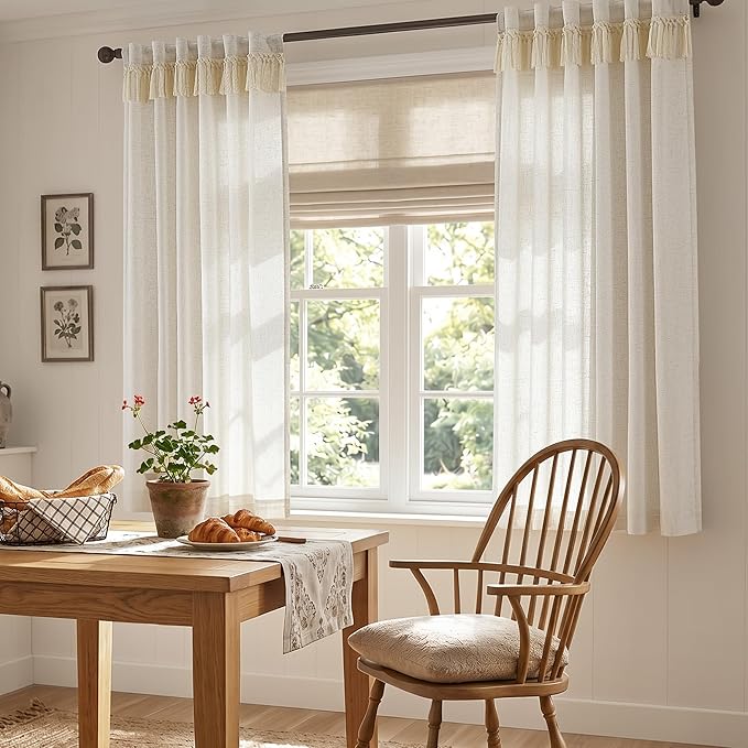 jinchan Linen Curtains for Living Room Bedroom Light Filtering Semi Sheer Curtains Boho Farmhouse French Country Cottage Core Decor Window Drapes Back Tab 63 Inch Length Tassel Beige