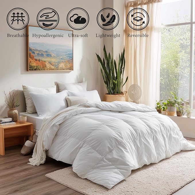 SANSWAN Goose Down Feather Fiber Comforter Full Size - All Season White Duvet Insert with 100% Organic Cotton Fabric - Luxurious Hotel Collection Bedding,Ultra Soft,Medium Warmth (82x86 Inch)