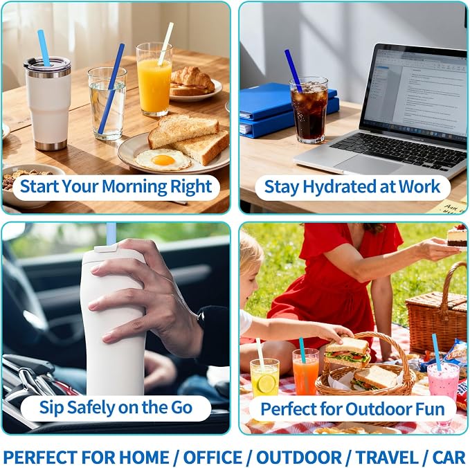6 Pack Reusable Silicone Straws Compatible with Stanley 40oz 30oz 20oz Tumblers, 12.2" Long x 0.374" Diameter BPA-Free Drinking Straws with 2 Cleaning Brushes, Flexible Cuttable Teeth-Friendly