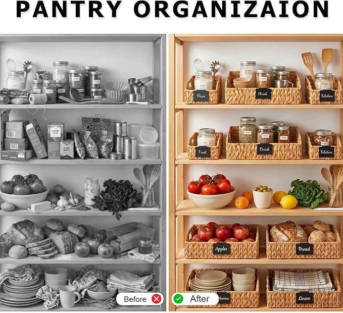 Wicker Baskets for Organizing, Pantry Baskets with Built-in Handles, Handwoven Wicker Storage Basket, Water Hyacinth Storage Bins for Shelves, Small - 2pcs, Natural