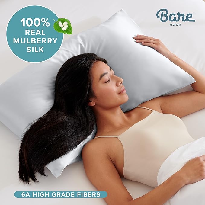 Bare Home 100% Mulberry Silk Pillowcase for Hair and Skin - Ultra Premium 6A Grade 19 Momme Silk Pillow Case - Hidden Zipper - Breathable Cooling Pillow Cover (Standard 2 Pack, Silver)