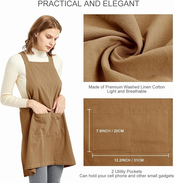 ELEZAY Aprons for Women with Pockets Plus Size Comfort Cross Back No Tie Cotton Linen Apron Pinafore