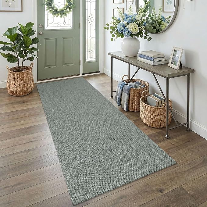 EARTHALL Washable Runner Rug 3x7 Ft Non Slip Runners for Hallways Wide Cotton Rubber Backed Kitchen Runner Braided Indoor Floor Carpet Runners for Entryway, Hallway, Kitchen, Bedroom, Green/Grey