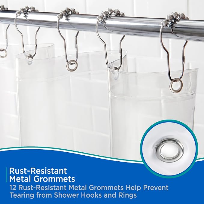 Kenney KN61455 Heavyweight 8 Gauge Waterproof PEVA Shower Curtain Liner with Rust-Resistant Metal Grommets and Weighted Magnetic Hem for Bathroom, 70" W x 72" H, Clear