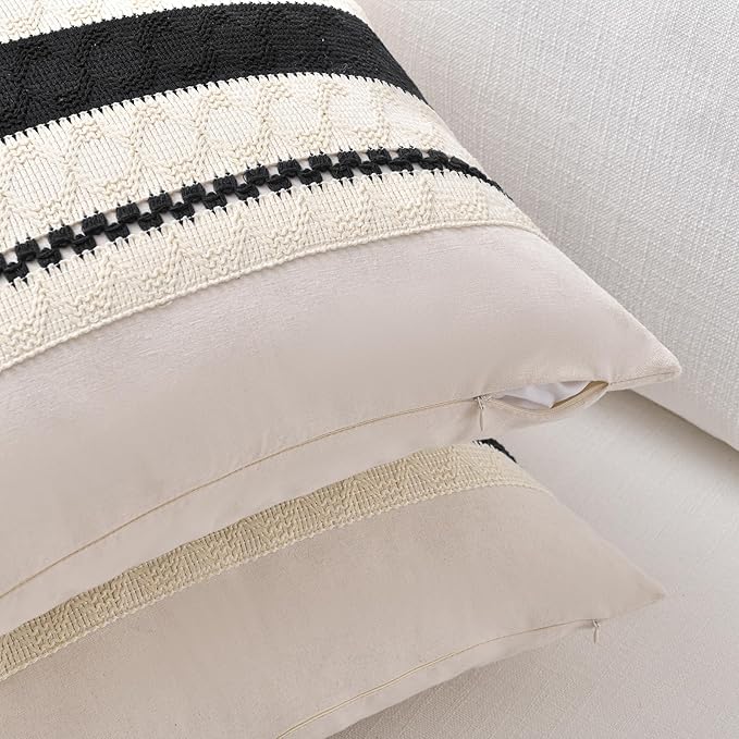 Fancy Homi Set of 1 Boho Black Big Decorative Throw Pillow Cover 24x24 Inch for Couch Bed Bedroom, Aesthetic Modern Organic Farmhouse Room Decor, Soft Cotton Accent Macrame Woven Cushion Case