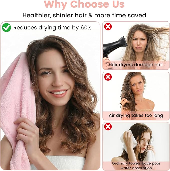 2 Pack Microfiber Hair Towel Wrap for Women, Large Fast Drying Hair Towel Turban, Ultra Soft Thick Anti-Frizz, Double Stitched Edges & Stay in Place No Slip Design for Curly Long Wet Hair(Pink/Blue)
