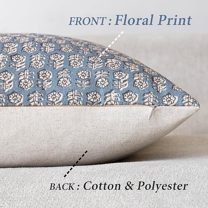 Foindtower Set of 2 Decorative Neutral Floral Print Throw Pillow Covers Vintage Accent Farmhouse Cushion Covers Boho Home Decor for Sofa Couch Chair Bedroom Living Room,24×24 Inch,Dusty Blue