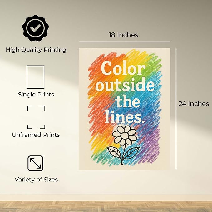 InkFlow Posters Rainbow Typography with Flower Poster - Fun Graphic Print for Kids Bedroom, Playroom, Nursery - Positive Creative Decor - 18x24 Unframed Canvas Print