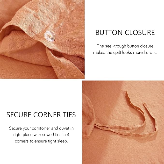 S VICTORY SYMBOL 100% Organic Linen Duvet Cover Set 3PCS Queen Size,Stone Washed French Flax Bedding,1 Comforter Cover and 2 Pillowcases Solid Color Bedding Set(Peach)