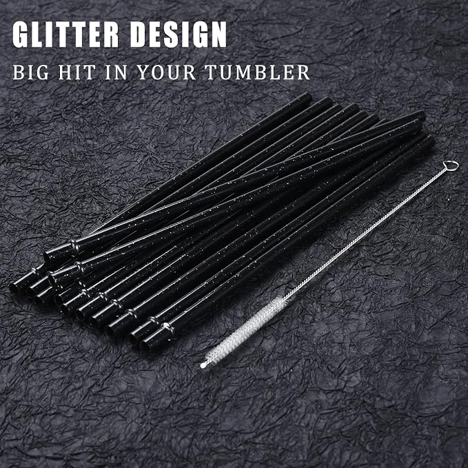 ALINK 12 PCS Reusable Glitter Straws, 11" Long Black Hard Plastic Tumbler Straws, Replacement Drinking Straws for 16 OZ 20 OZ 30 OZ Stanley, YETI, Mason Jar, Starbucks Cups with Brush