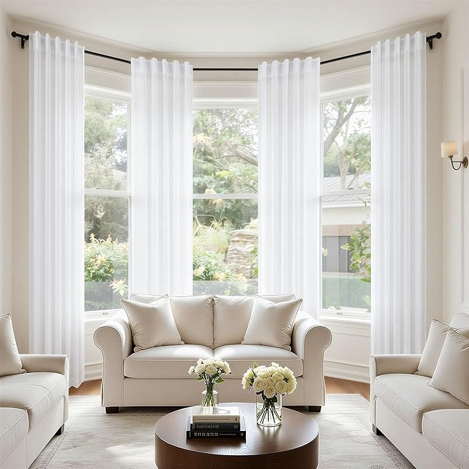 White Curtains 38 Inch Wide for Bedroom 2 Panels Back Tab Rod Pocket Semi Sheer Privacy Cotton Textured Light Filter White Linen Curtains for Living Room Rustic Farmhouse Boho Decor Width 38 x 96 Long