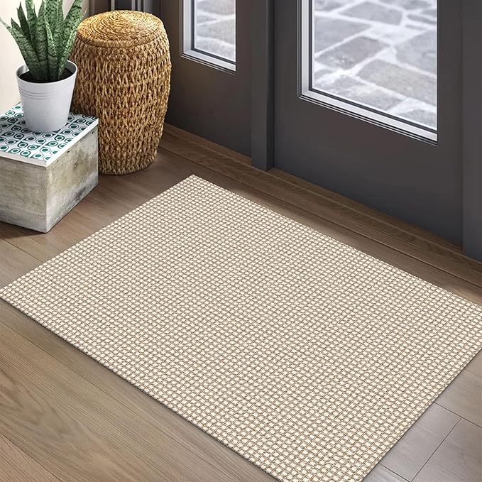 EARTHALL Woven Area Rug 2x3 Ft Washable Rugs for Entryway Braided Non Slip Throw Rugs Door Mat Indoor Outdoor Entrance Small Cotton Woven Carpet for Kitchen Foyer Front Door, Beige/Ivory