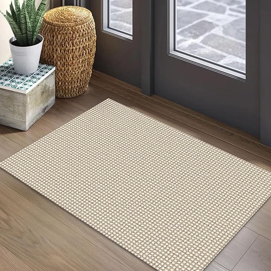 EARTHALL Woven Area Rug 2x3 Ft Washable Rugs for Entryway Braided Non Slip Throw Rugs Door Mat Indoor Outdoor Entrance Small Cotton Woven Carpet for Kitchen Foyer Front Door, Beige/Ivory
