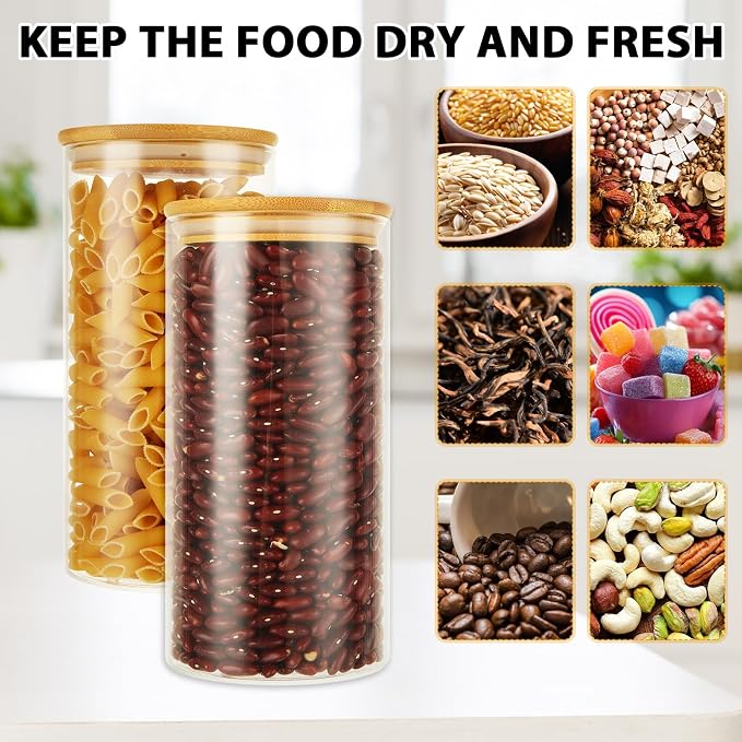 ABuff 3 Pack 44oz Glass Jars with Lids, Round Glass Storage Containers, Clear Food Storage Jars with Airtight Bamboo Lid for Dry Food Cereal Oat Sugar Tea Coffee Beans Sugar