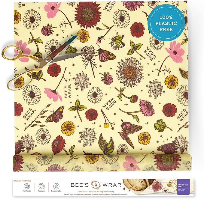Bee's Wrap Beeswax Wraps for Food - Cut to Size 14x52" Beeswax Wrap Roll - Plastic Free Made in USA Reusable Natural Food Wrap - Meadow Magic