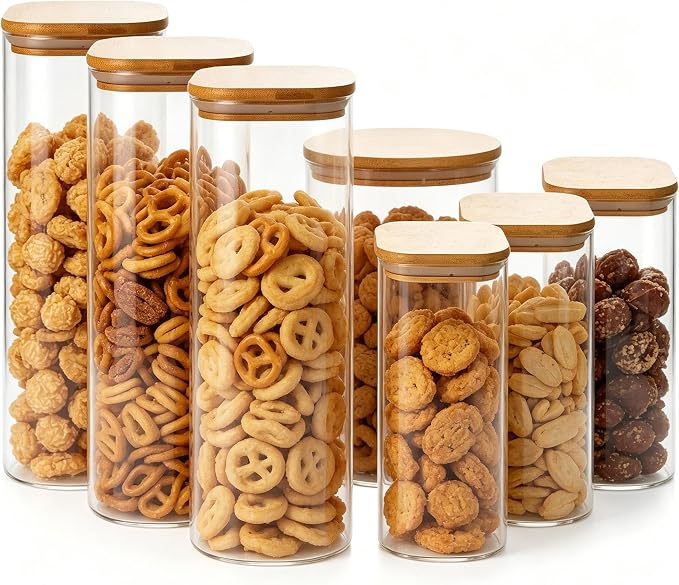 3L and 1.28L Glass Food Storage Containers with Lids - Set of 6 | Square Airtight Food Containers for Kitchen Pantry, Cereal, Coffee, Flour, Sugar