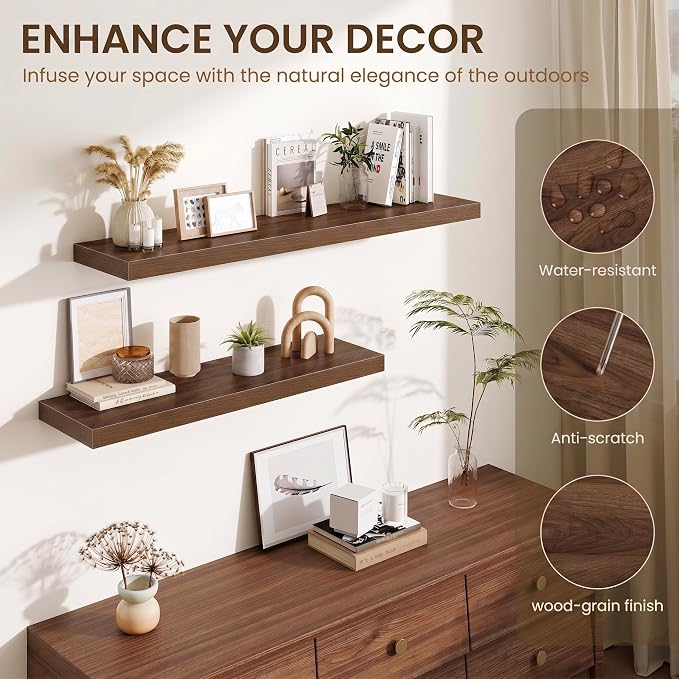 Fun Memories Wood Floating Shelves 16 Inch, 10 Inch Deep Shelves Wall Mount, Wall Shelves with Invisible Bracket, 16" Floating Shelves for Living Room Bathroom Bedroom, Walnut, Set of 2