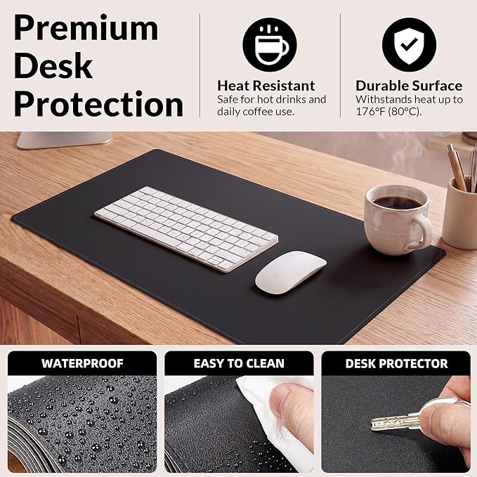 AFIING Cork Desk Mat 31.5" x 17", Waterproof Dual-Sided Cork & PU Leather Desk Pad, Non-Slip Desk Protector for Home Office, Workspace Setup & Gaming, Black