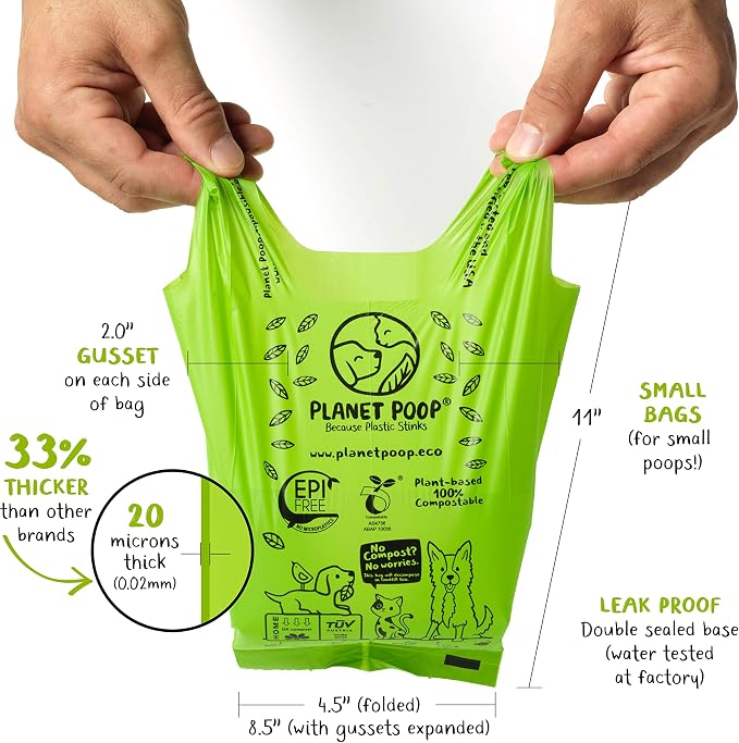 PLANET POOP Home Compostable Dog Poop Bags for Small Pets, 60 Mini Size Dog Waste Bags with Handles, Un-Scented Leakproof Doggy or Cat Bag, Plant Based Pet Supplies