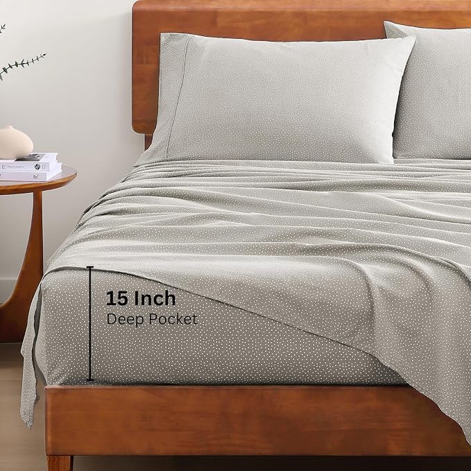 LANE LINEN 100% Organic Cotton Grey (White Dot) Full-Sheets Set 4-Piece Long Staple Percale Weave Bedding Sheets for Bed Breathable Fits Mattress Upto 15in Deep