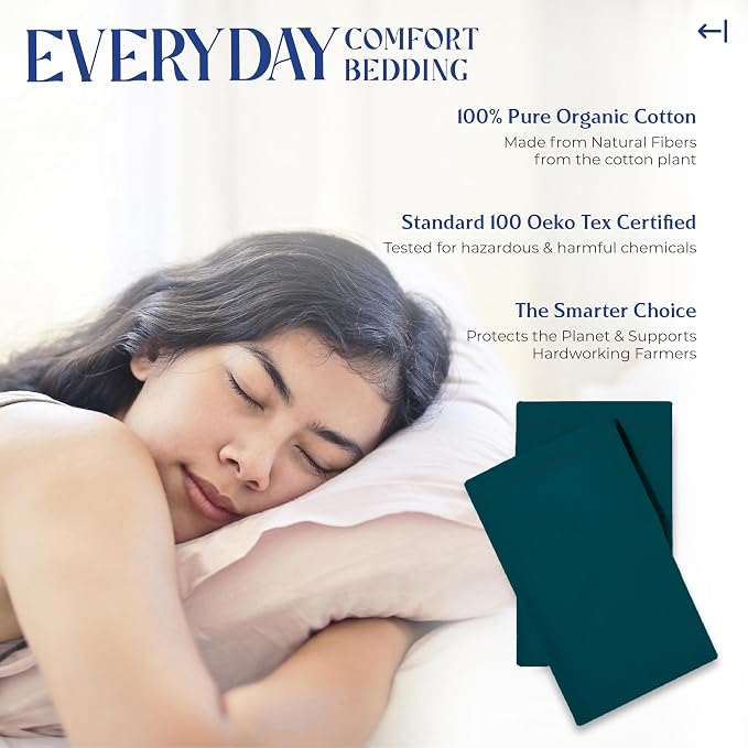 Mayfair Linen 100% Organic Cotton Percale Pillow Cases Queen/Standard Size Set of 2 - Percale Pillowcovers Standard/Queen (Teal), Soft Cooling Pillow Case for Sleeping, Cotton Pillowcases