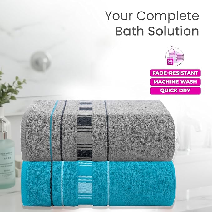 CASA COPENHAGEN X Line 2Pcs 100% Egyptian Cotton Large Designer Bathsheet Towels Gift Set- Grey - Teal, 600GSM, 35"x70" 2Bath Sheet Towels for Bathroom Set for Women & Men