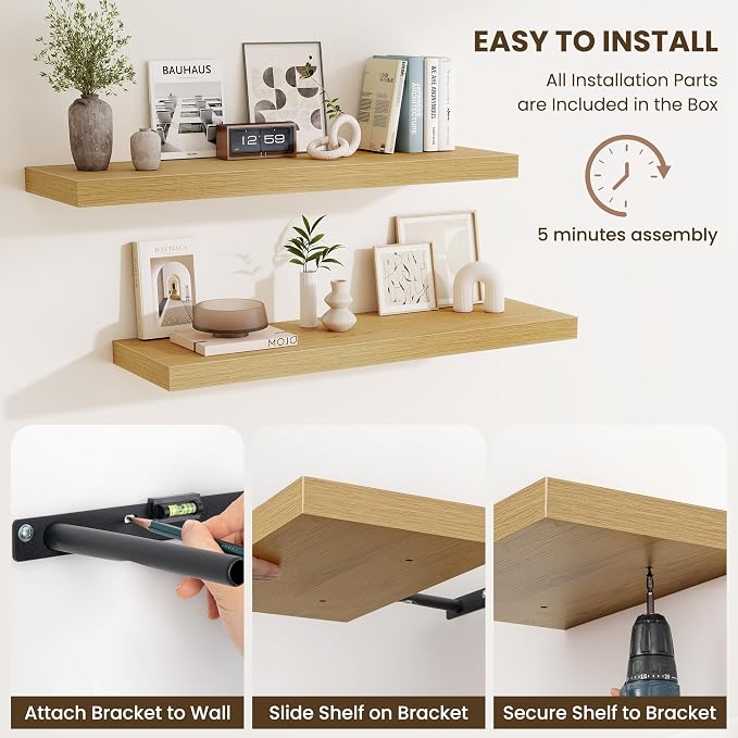 Fun Memories 72 Inch Fireplace Mantel Shelf, 10 Inch Deep Shelves for Display & Wall Storage, Rustic Wood Wall Shelf, Extra Long Floating Shelves for Living Room Laundry Room, Oak, Set of 1