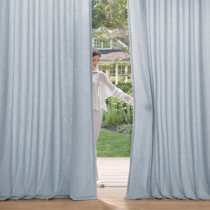 MIULEE Non-See-Through Privacy Linen Curtains 2 Panels, Chambray Blue Light Filtering Window Curtains Farn House Textured Back Tab Semi Sheer Drapes for Bedroom Living Room 84 Inches Long Light Blue