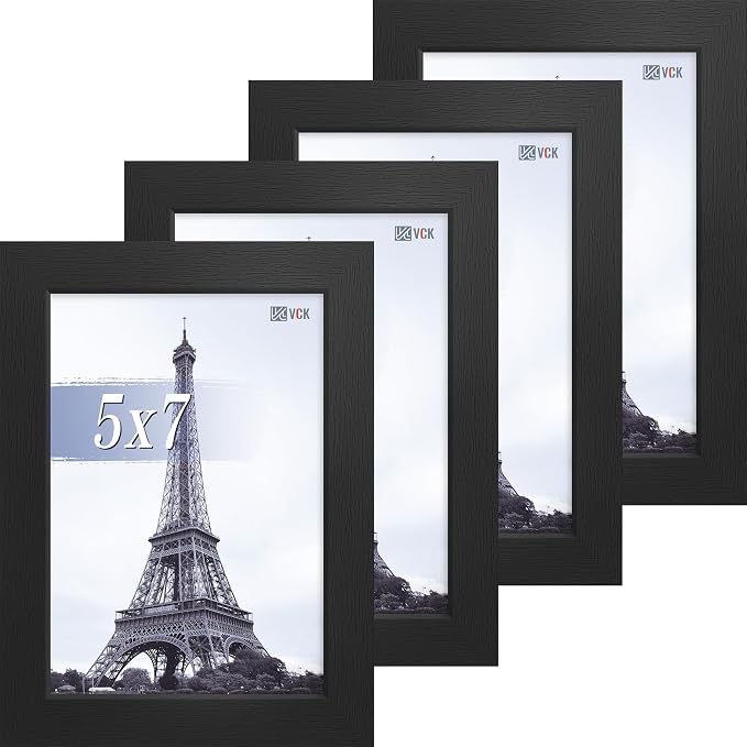 VCK 5x7 Picture Frame Black - 4 Pack, Gallery-Quality Wood Poster Frames, 1.1-Inch Wide Border, Polished Plexiglass, Vertical or Horizontal Wall & Tabletop