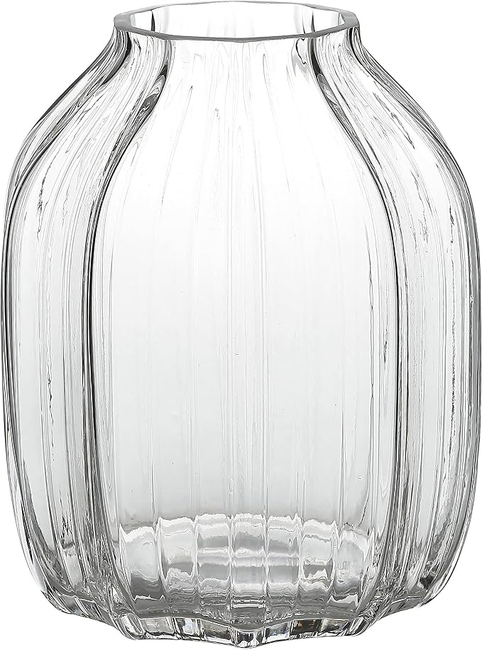 Large Clear Glass Ribbed Vase - 8.0" Decorative Tall Vase for Home Table Centerpieces and Farmhouse