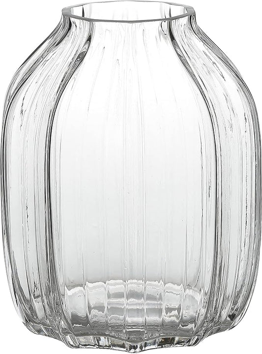 Large Clear Glass Ribbed Vase - 8.0" Decorative Tall Vase for Home Table Centerpieces and Farmhouse