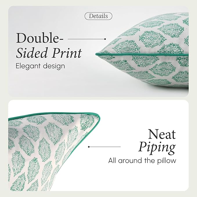 CPC 100% Cotton Throw Pillow Covers 24x24 Inch, Set of 2 Green Block Print Pattern Couch Pillow, Cute Boho Decorative Pillows for Living Room, Bedroom with Hidden Zipper- Sea Green