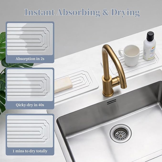 2 PCS Water Absorbing Stone Tray, Quick-Drying Diatomite Stone Tray for Kitchen/Bathroom Sink, Stone Drying Mat for Kitchen Counter, Soap Dish for Toiletries