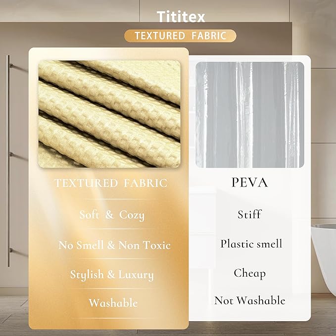 Tititex Solid Beige Cloth Fabric Shower Curtain Liner with 2 Magnets - Texture Soft Hotel Quality Waterproof Shower Liner, Light-Weight & Machine Washable 60x72 inch