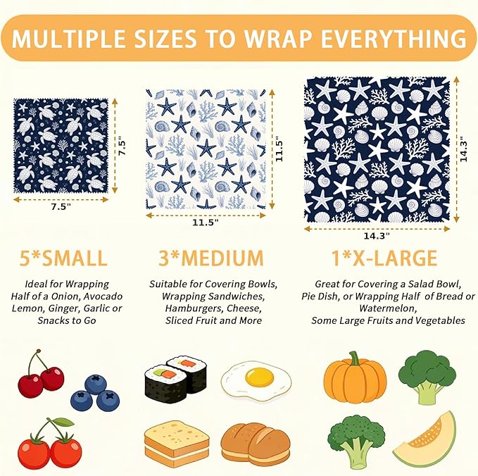 Reusable Beeswax Wraps, 9 Pack Eco-Friendly Food Storage, Organic, Sustainable, Zero Waste, Plastic-Free, Sandwich, Bowl, Fruit, 1XL, 3M, 5S, Navy Blue Turtle Starfish Coral Shell Pattern