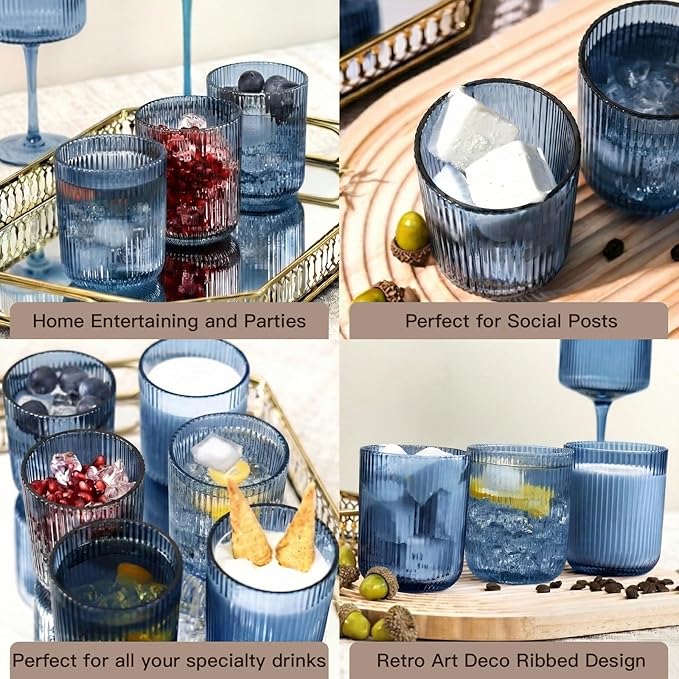 Blue Ribbed Drinking Glasses Set of 6,8.5oz Vintage Highball Tumblers,Colored Glassware for Water, Juice,Coffee,Cocktails,Blue Glass Cups,Housewarming & Christmas Gift