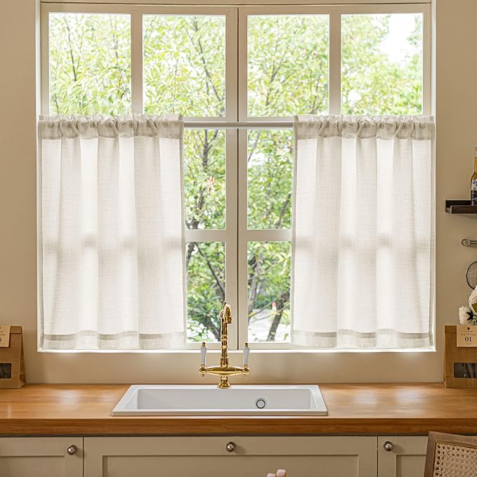 24 Inch Laundry Room Basement Window Curtains 2 Panels Natural Linen Rod Pocket Semi Sheer Light Filtering Drapes for Farmhouse Cafe Bathroom Short Curtains 24 Inches Long W34xL24