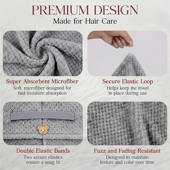 2 Pack Microfiber Hair Towel Wrap for Women 26 x 10 in | Hair Drying Towel with Button | Hair Turban Towel Quick Dry Waffle Coral Fleece Head Towels (Grey + Camel)